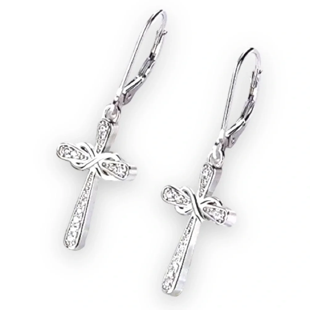 New Woman’s Sterling Silver Infinity Crucifix Cross White Sapphire Earrings